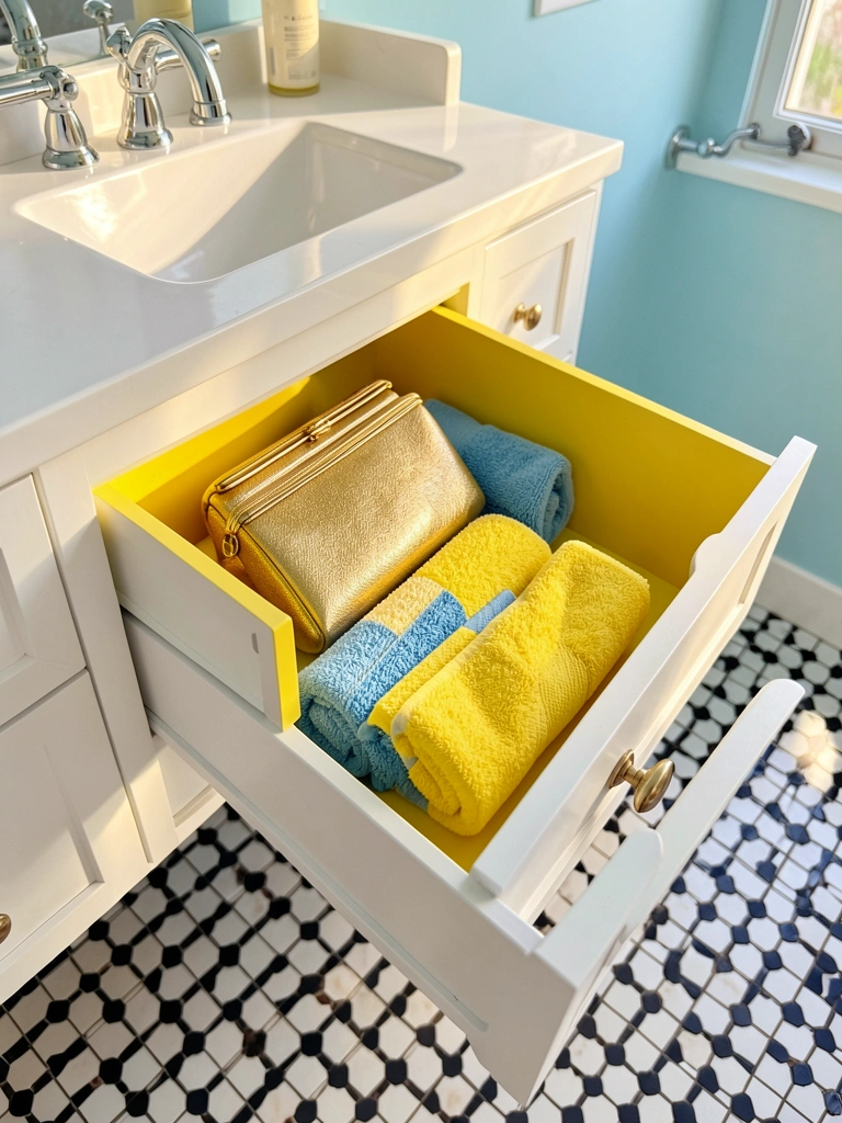 Gavetas abertas de penteadeira branca revelam interior amarelo vibrante com clutch dourada e toalhas azuis e amarelas, piso de mosaico preto e branco e parede azul-clara.