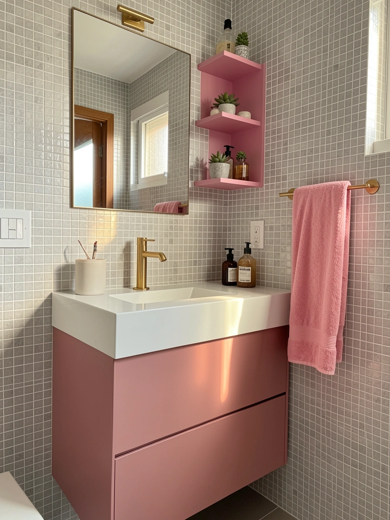 Prateleiras rosas com suculentas e frascos decorativos sobre armário rosa, pia branca, torneira dourada e espelho, luz natural.