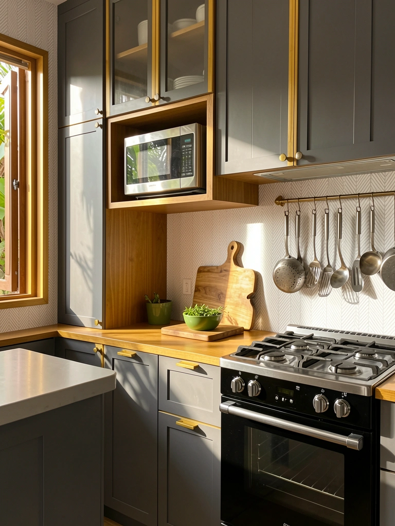 Armários cinza escuro com puxadores dourados, nicho para micro-ondas de aço inox e fogão preto com detalhes cromados, luz natural entrando pela janela.