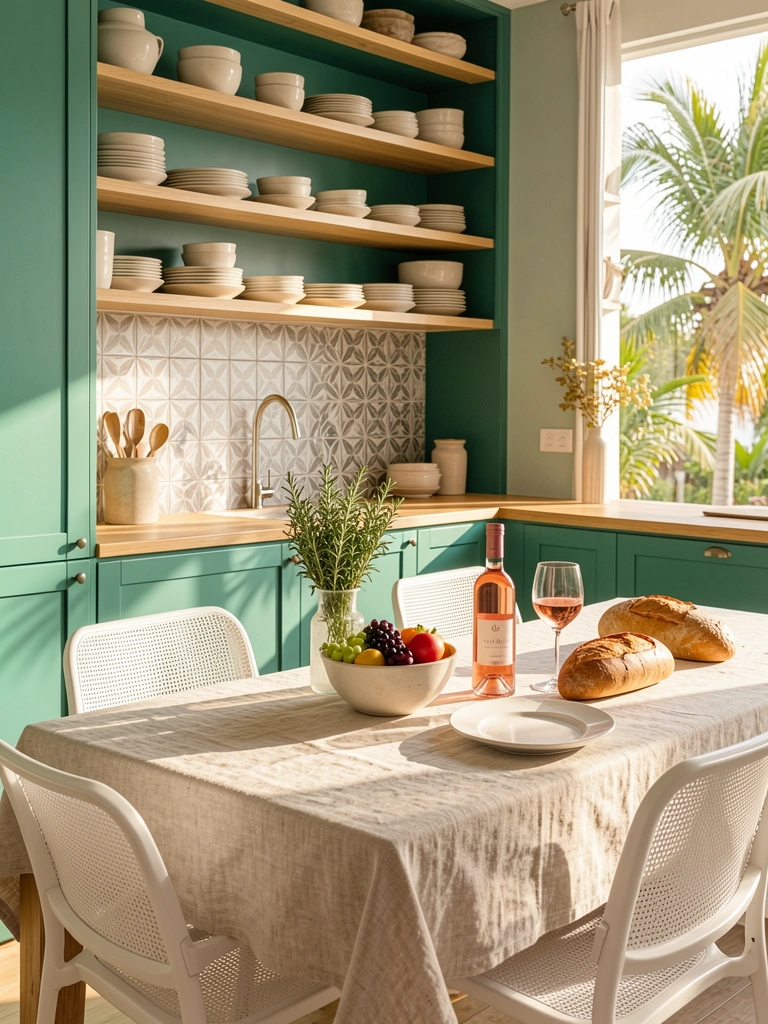 Armários verde-azulados, prateleiras de madeira clara com louças, bancada de azulejos geométricos, mesa com toalha de linho, cadeiras de malha brancas, cesta de frutas, vaso de ervas, garrafa de rosé e copo de vinho sob luz natural.