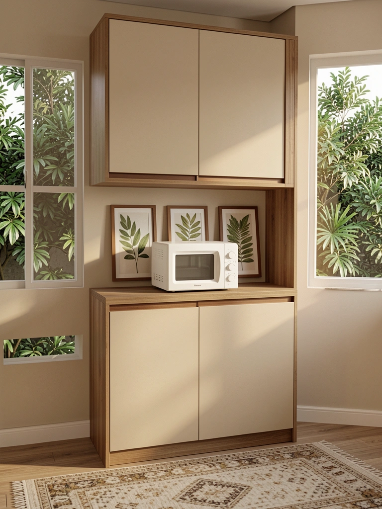 Armário de cozinha bege com duas portas superiores, uma inferior e um micro-ondas branco, três quadros botânicos na parede e tapete padronizado no chão.
