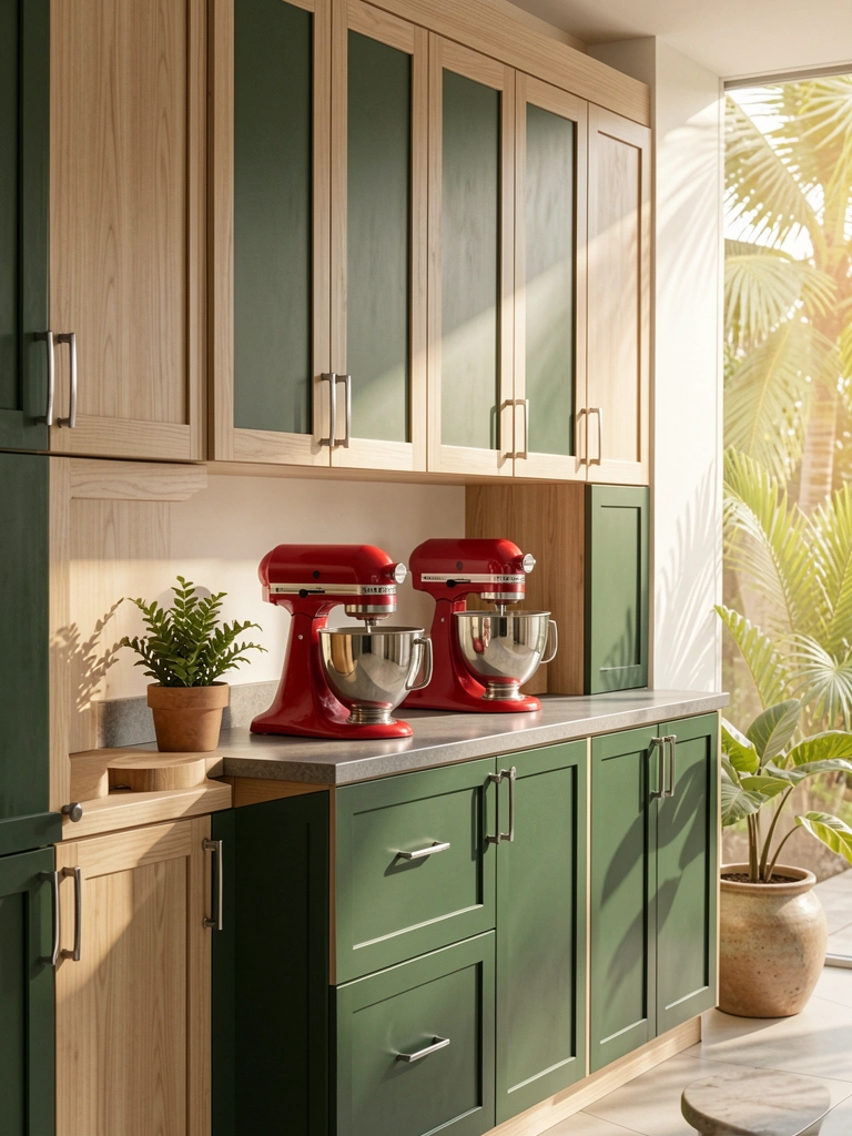 Armários de cozinha verde-escuros com puxadores prateados, bancada cinza, batedeira KitchenAid vermelha e vaso de planta sob luz natural
