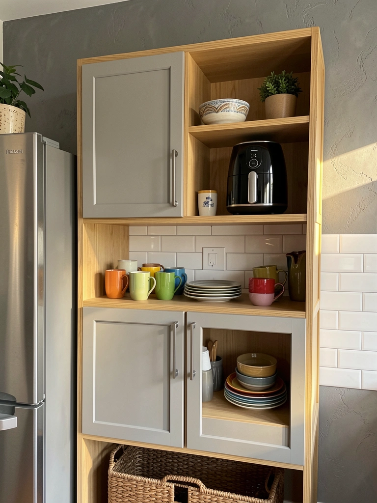 Unidade de parede de madeira clara e armários cinza com prateleiras exibindo air fryer, tigela cerâmica, vaso de planta e cestos, sob luz natural.