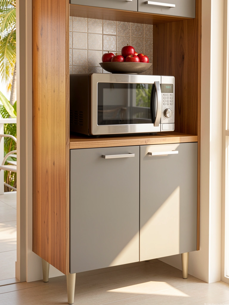 Armário de cozinha cinza com painel de madeira, micro-ondas de aço inox e tigela de maçãs vermelhas, luz natural.