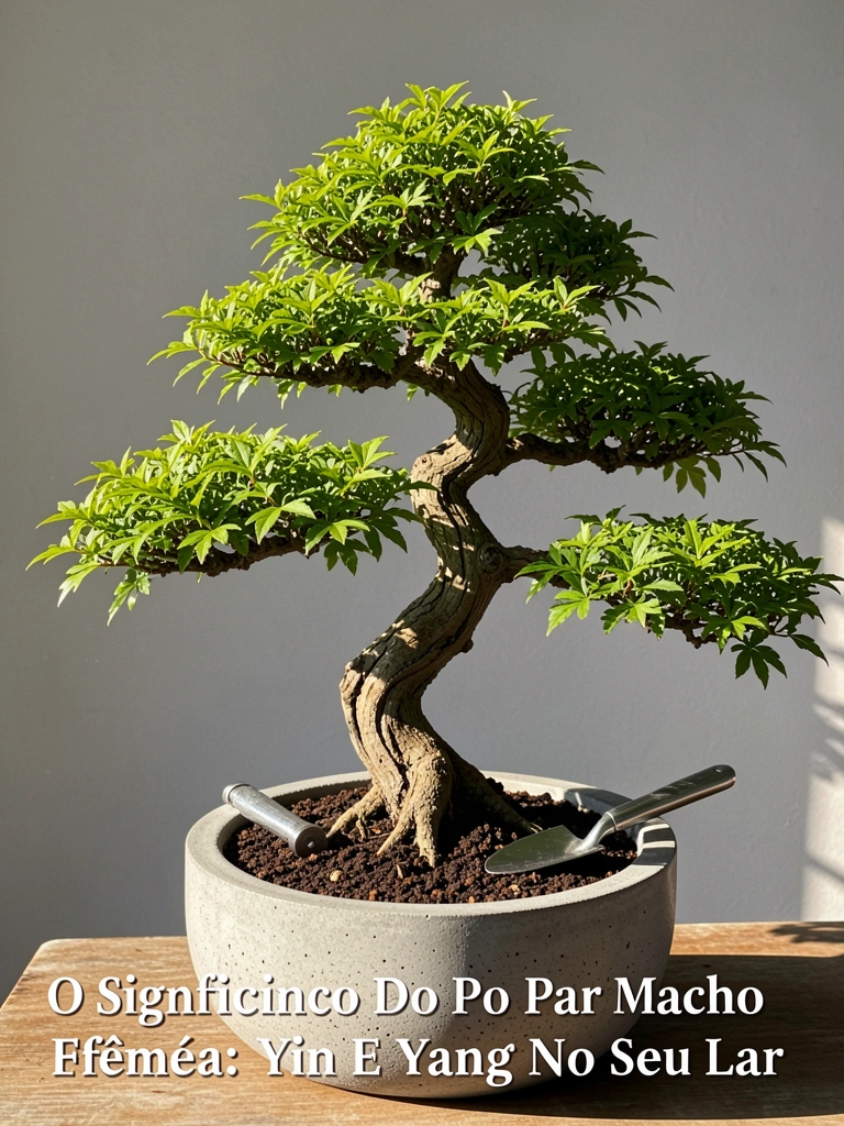 Bonsai com folhagem verde vibrante em vaso de concreto cinza texturizado, ferramenta de prata ao lado, luz natural destacando galhos curvos e sombras suaves.