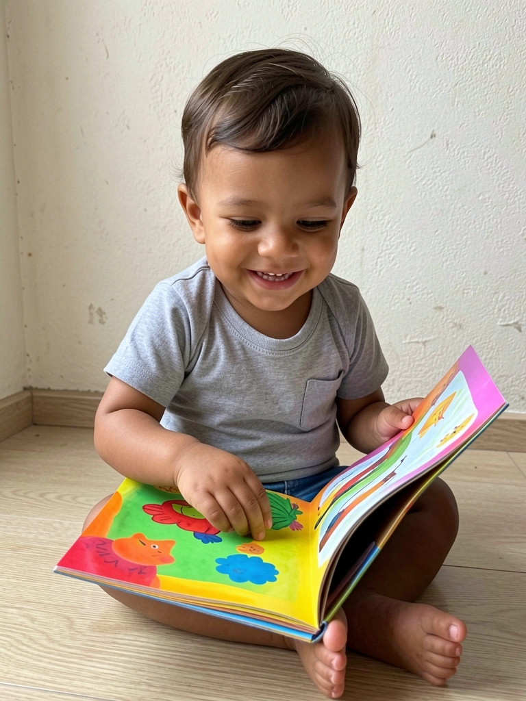 Criança de 2 anos sentada no chão, folheando um livro colorido com figuras grandes e vibrantes.