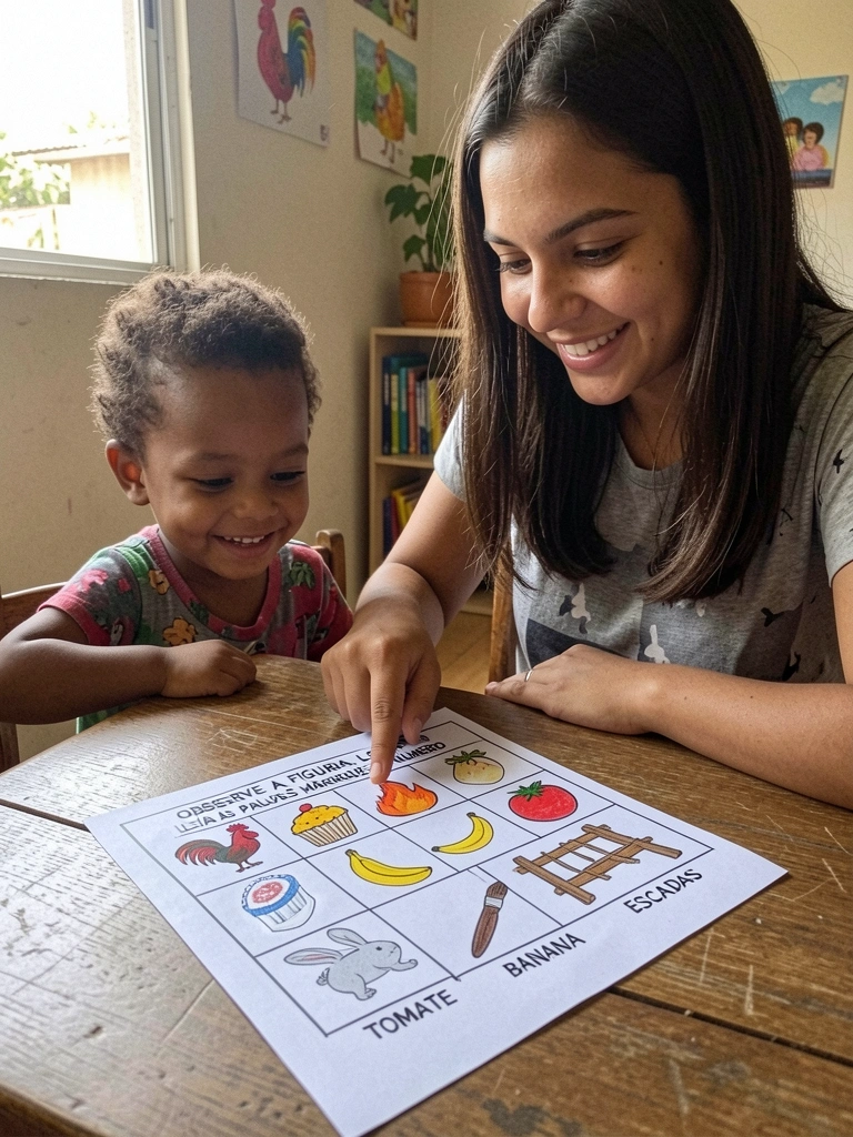 Educadora sorrindo mostra letras coloridas a uma criança sentada à mesa.