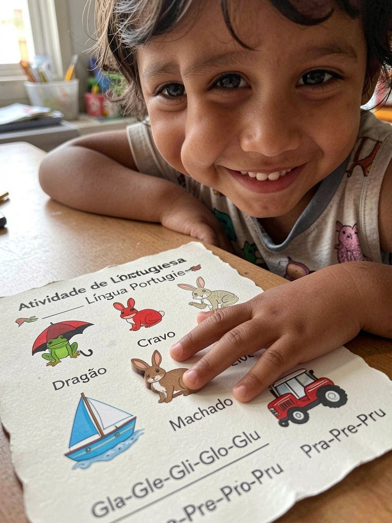 Criança sorrindo enquanto toca letras de madeira coloridas sobre uma mesa.