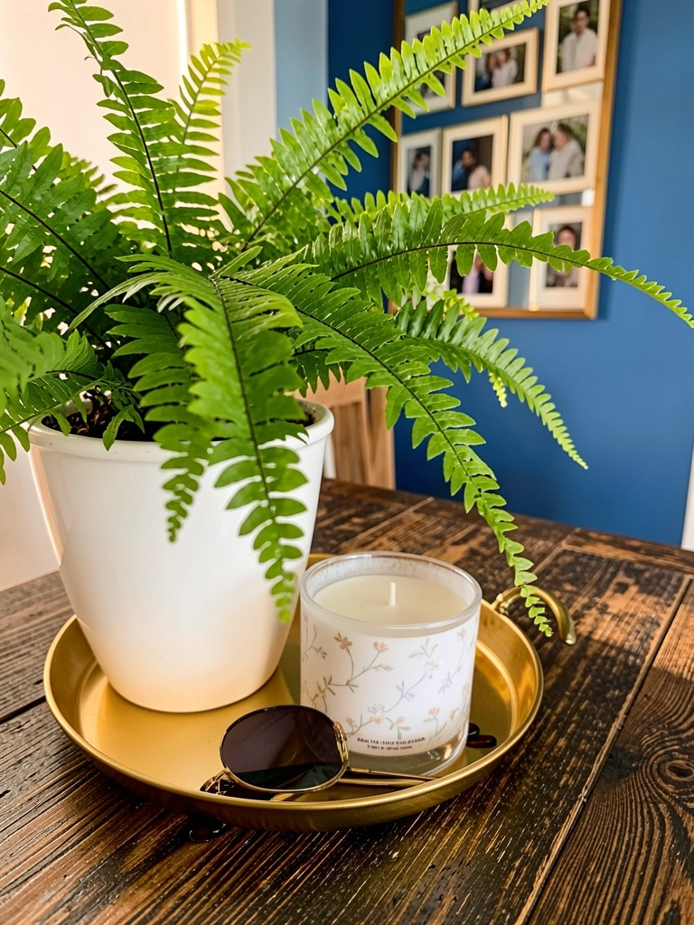 Vaso branco com samambaia sobre bandeja dourada, vela floral e óculos escuros em mesa de madeira escura, luz natural do dia.