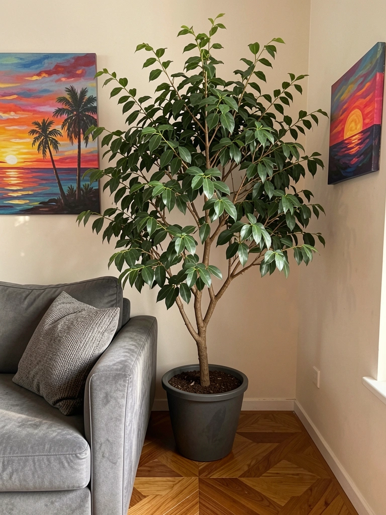 Ficus frondoso em vaso cinza escuro ao lado de sofá cinza texturizado, piso de madeira espinha de peixe e pintura abstrata na parede, luz natural difusa.