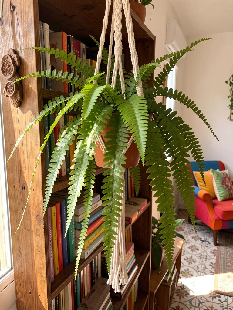 Samambaia pendente em vaso de terracota com macramê, livros coloridos empilhados em estante de madeira rústica, luz natural entrando pela janela.
