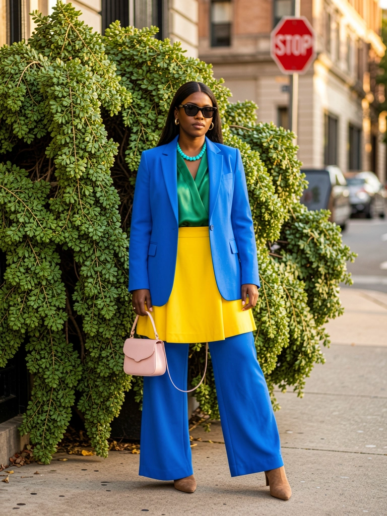 Mulher de blazer azul vibrante e calça verde, bolsa rosa, ao lado de saia amarela e colar turquesa, em calçada com planta ao fundo e placa de pare.