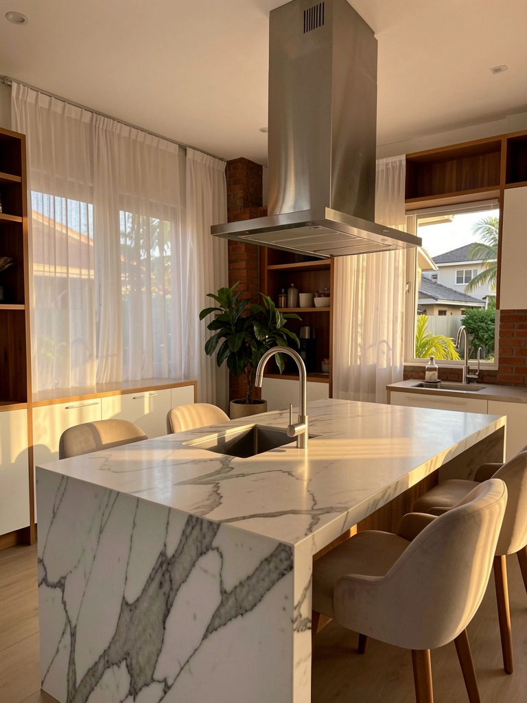 Mármore branco com veios cinza em ilha de cozinha com bancada de apoio e cadeiras claras, luz natural entrando por janela com cortina leve.