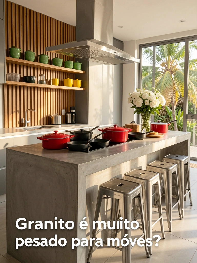 Bancada de concreto com cookware vermelho e preto, exaustor de aço inoxidável, parede de ripas de madeira e vasos de cerâmica verde e amarelo.