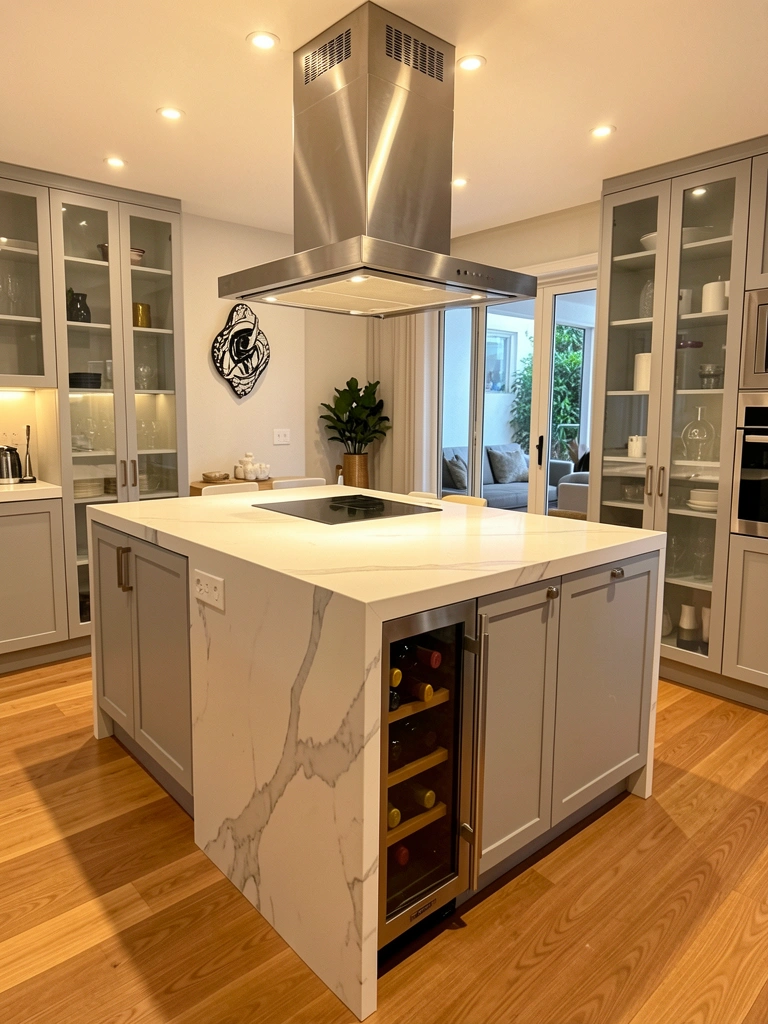 Bancada de mármore branco com adega embutida, exaustor de aço inox, armários cinza claro e piso de madeira, luz ambiente quente.
