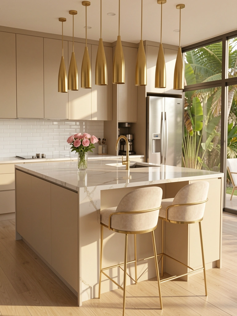 Ilha de cozinha com tampo de mármore, banco estofado com detalhe dourado e onze pendentes alongados de latão escovado sobre armários bege e backsplash de azulejo branco.
