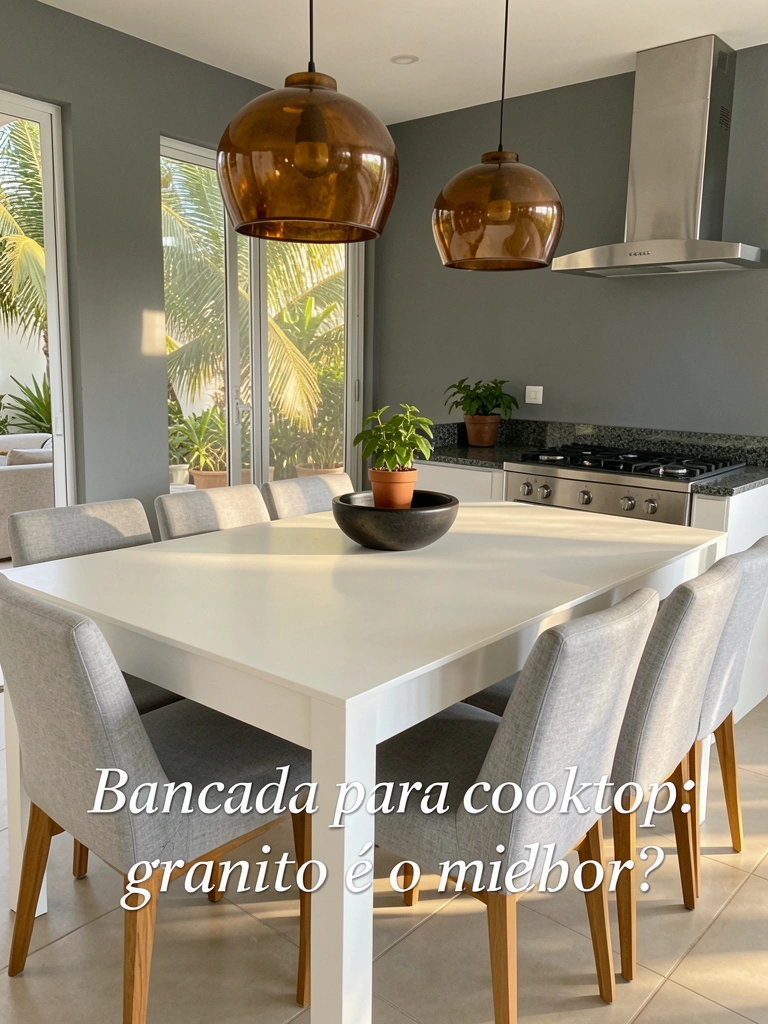 Ilha de cozinha com tampo de granito escuro, pendentes âmbar e cadeiras estofadas em cinza claro sobre piso de madeira.
