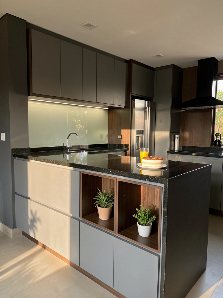 Ilha de cozinha com bancada de granito preto, armários cinza com luz embutida e bolo com suco de laranja sobre a superfície.