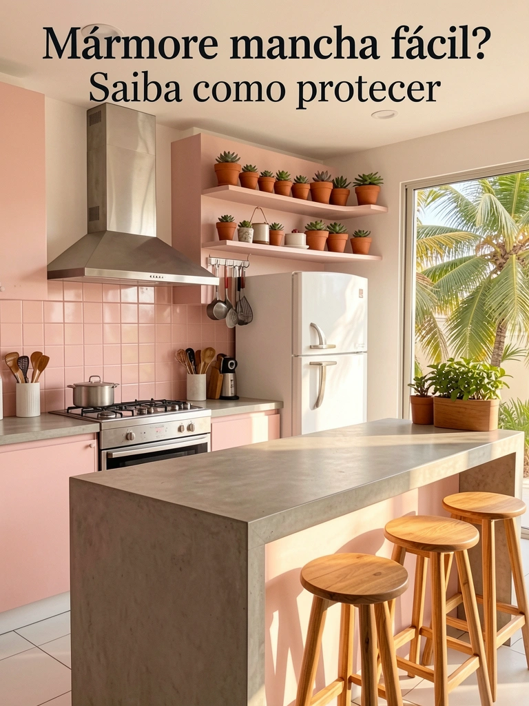 Cozinha com bancada de concreto e prateleira com vasos de terracota, sob luz natural intensa