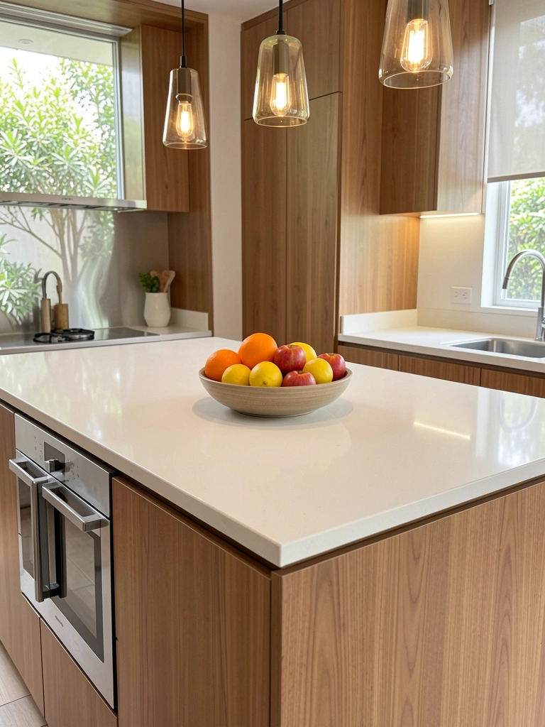 Quartzito branco em ilha de cozinha com frutas cítricas e maçãs, pendentes de luz e vegetação ao fundo.