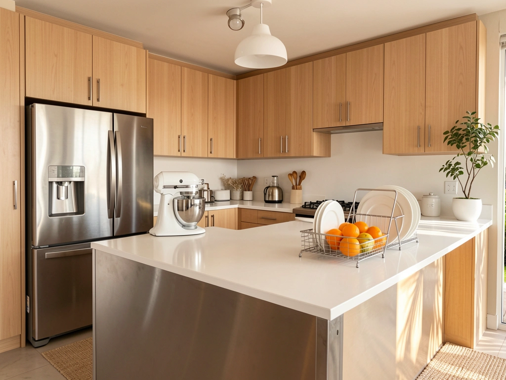 Bancada de aço inoxidável com cooktop a gás, suporte de arame com pratos e laranjas, armários de madeira clara e luz natural.