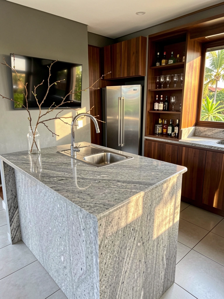 Marble island with stainless steel sink and dark cabinetry, TV mounted above built-in bar, decorative branch in vase, light gray tile floor, natural daylight.