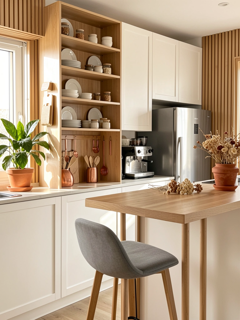 Luz natural incide sobre armário modular Madesa com estantes de madeira clara, pratos cerâmicos e utensílios de cobre, bancada clara e banco cinza ao fundo.