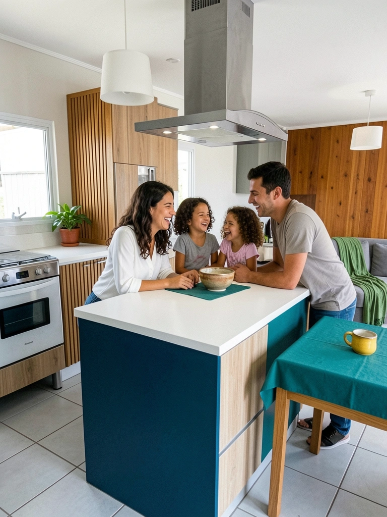 Família reunida em cozinha integrada à sala, com adultos e criança próximos à bancada