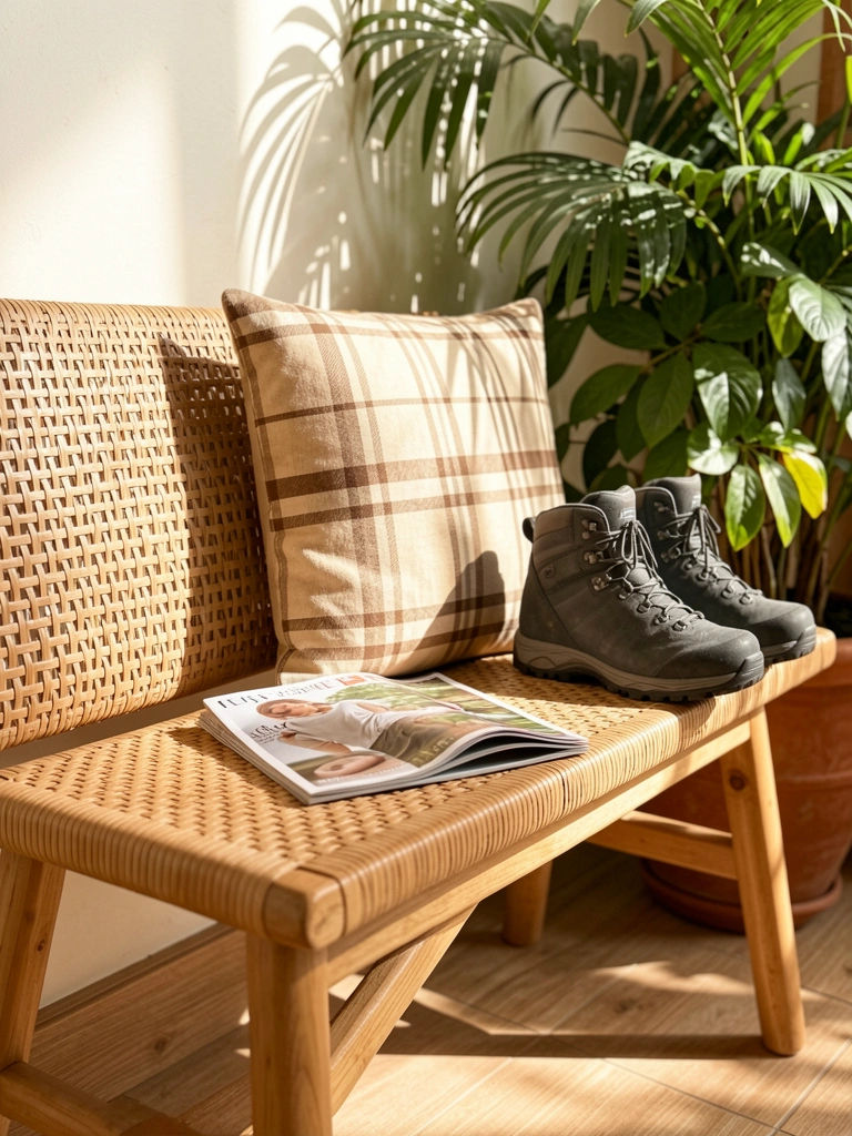 Banco de palha com almofada xadrez bege e marrom, bota de caminhada cinza e revista sobre o assento, vaso com folhagens ao fundo, luz natural quente.