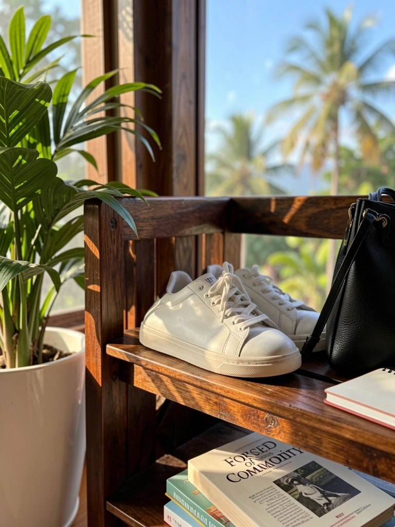 Sapateira rústica de madeira escura com tênis branco, bolsa preta, livros empilhados e vaso com planta verde, luz natural destacando texturas.