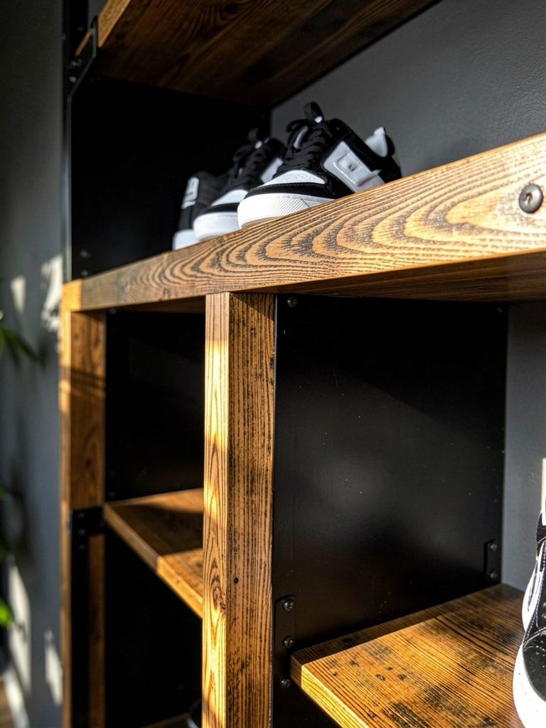 Prateleira industrial de madeira e metal preto com tênis branco e preto, luz solar suave e parede cinza escura ao fundo.