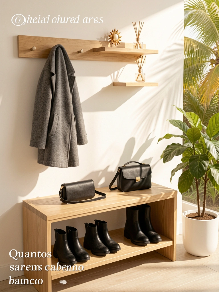 Banco de carvalho claro com casaco cinza pendurado, bolsa preta e botas organizadas, vaso de planta branco e prateleira com decoração, luz natural tropical.