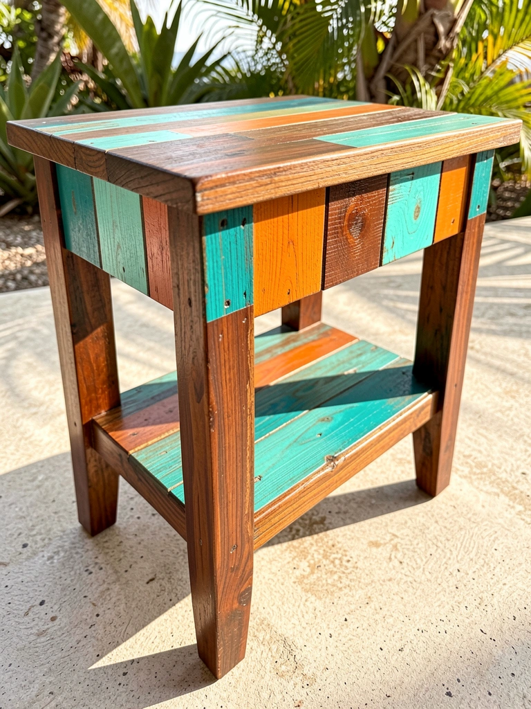 Mesa lateral rústica de madeira com pintura em tons de teal, laranja e marrom, pernas escuras polidas, piso de concreto claro e luz natural.