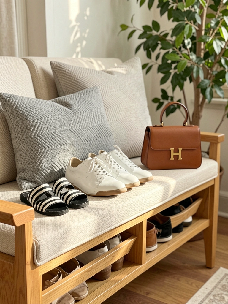 Banco estofado bege com compartimentos para sapatos, par de sandálias listradas e bolsa de couro marrom com fivela dourada, luz natural e planta ao fundo.