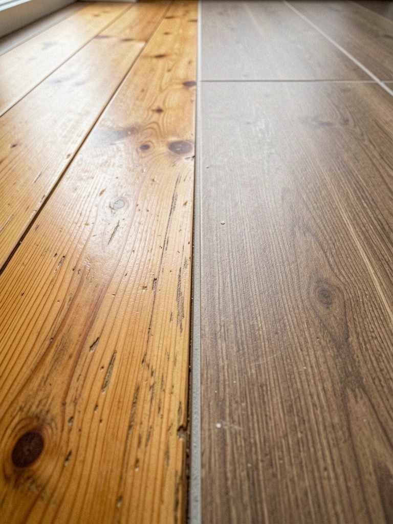 Detalhe mostrando a transição entre piso de madeira e porcelanato amadeirado, lado a lado.