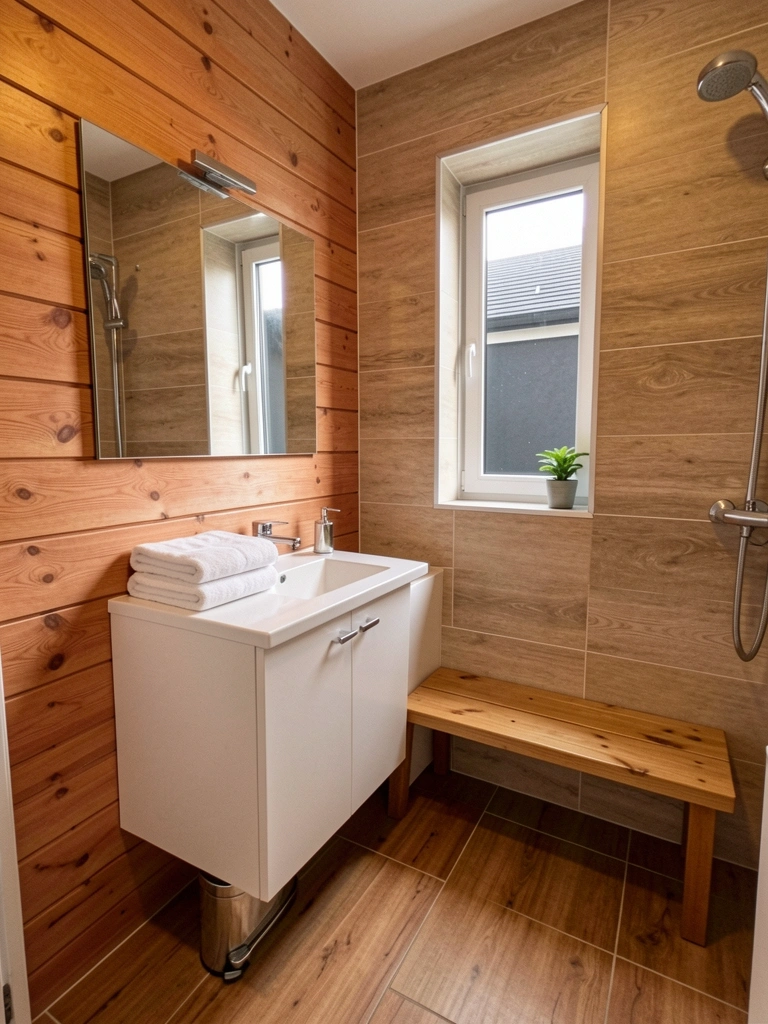 Dois banheiros lado a lado: um com revestimento de madeira natural e outro com porcelanato que imita madeira.