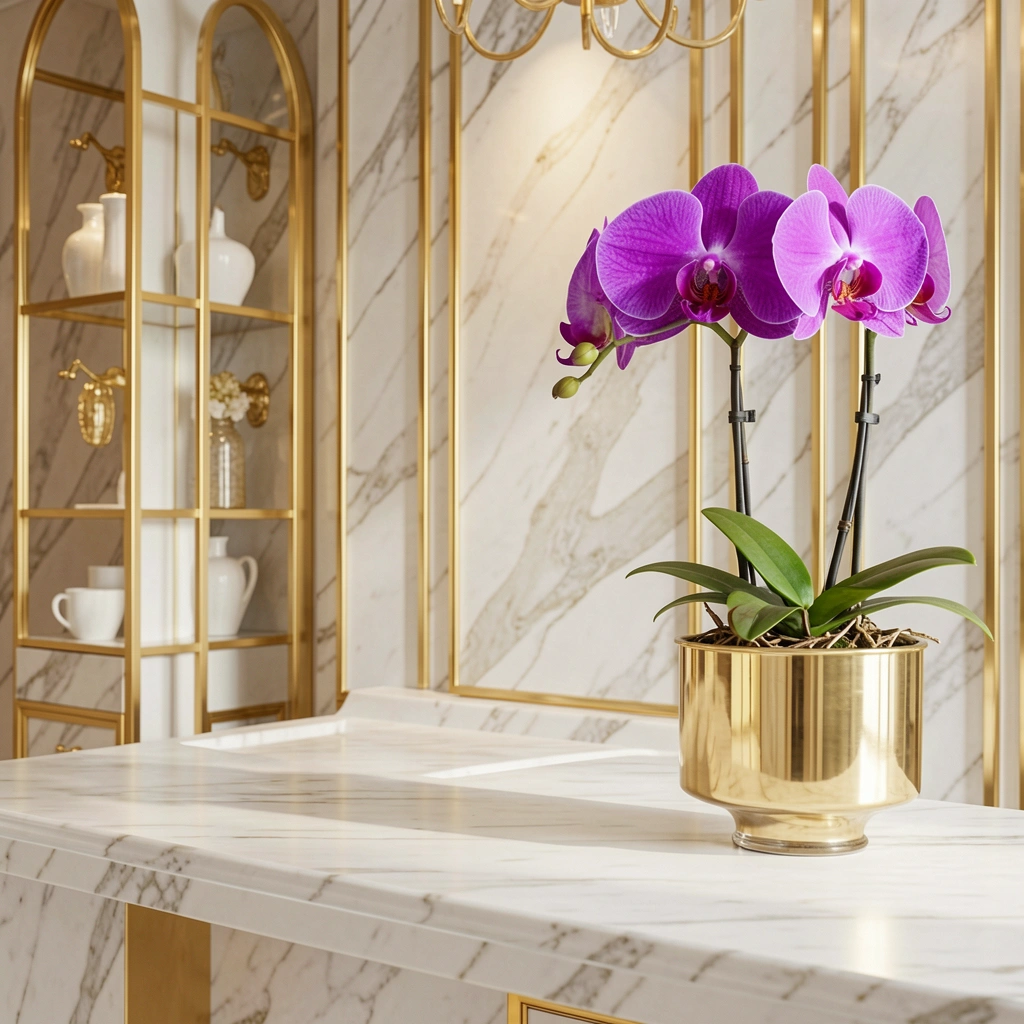 Bancada de mármore branco com torneira dourada e orquídea roxa em vaso de cerâmica.