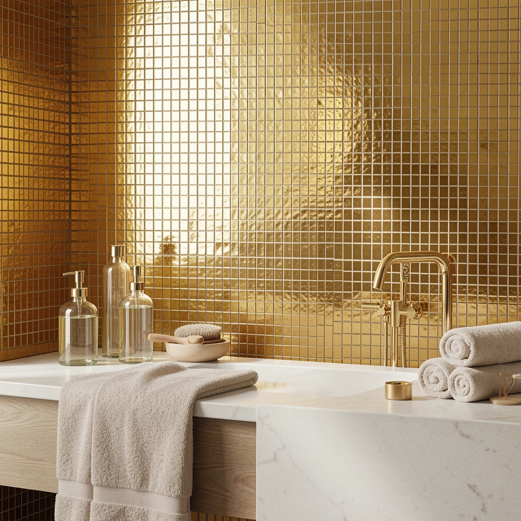 Parede de mosaico metálico dourado refletindo luz natural, bancada com frascos de vidro e toalhas neutras.