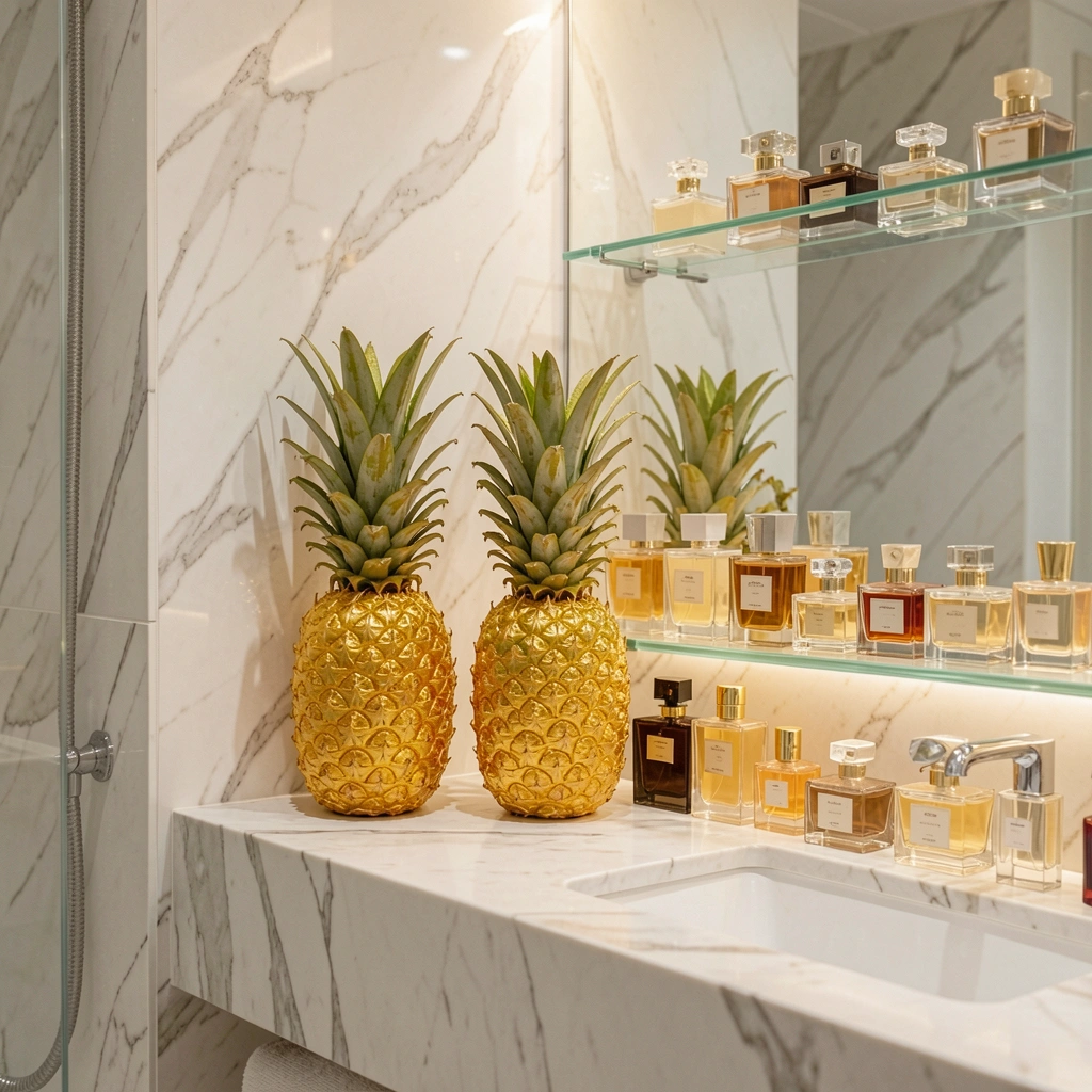 Bancada de mármore branco com abacaxi dourado e frascos de perfume em vidro âmbar.
