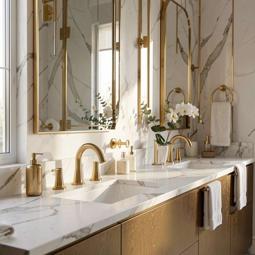 Bancada de mármore branco com torneira e espelho dourados, luz natural refletida.