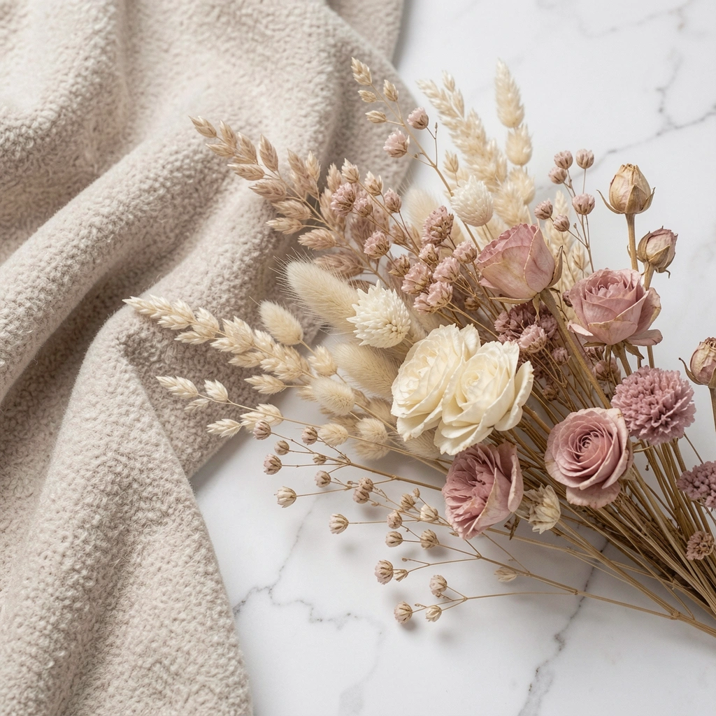 Bancada de mármore branco com detalhes dourados, vaso de flores secas em creme e rosa antigo, e toalha felpuda neutra.