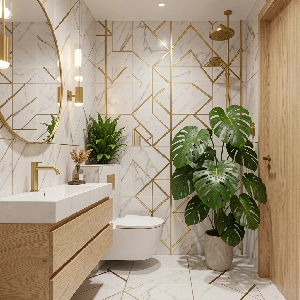 Azulejos geométricos brancos e metais dourados em bancada de mármore, com vaso de Monstera sobre madeira clara.
