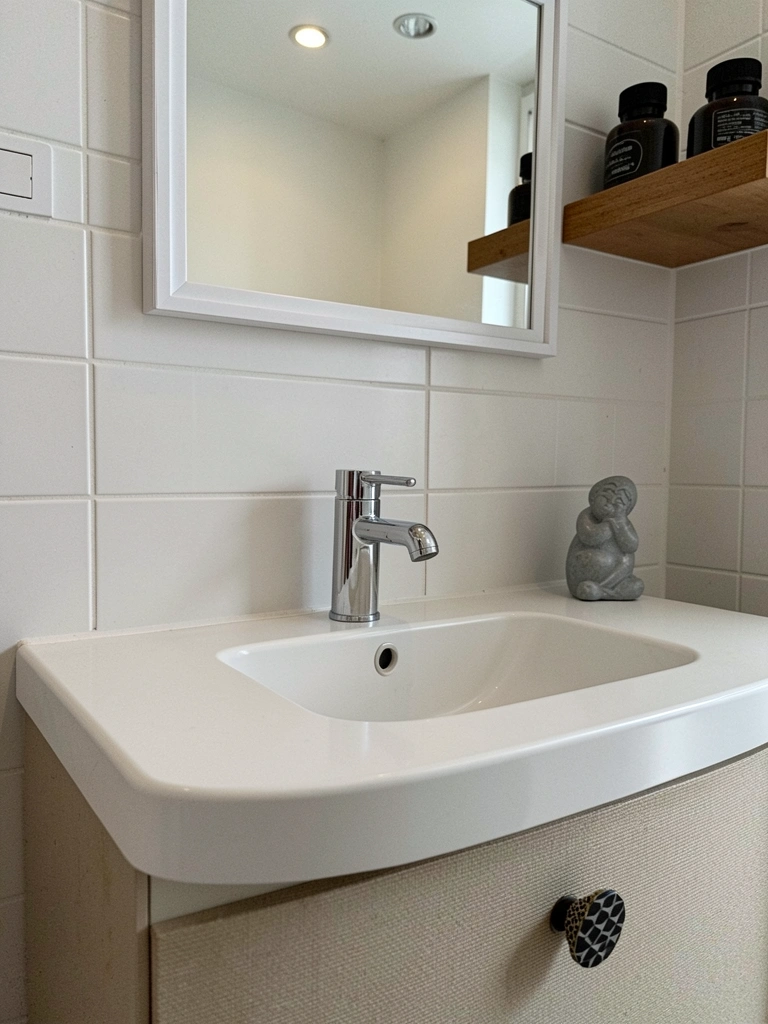 Detalhe de bancada com cuba semi-encaixe e torneira clean em banheiro simples.