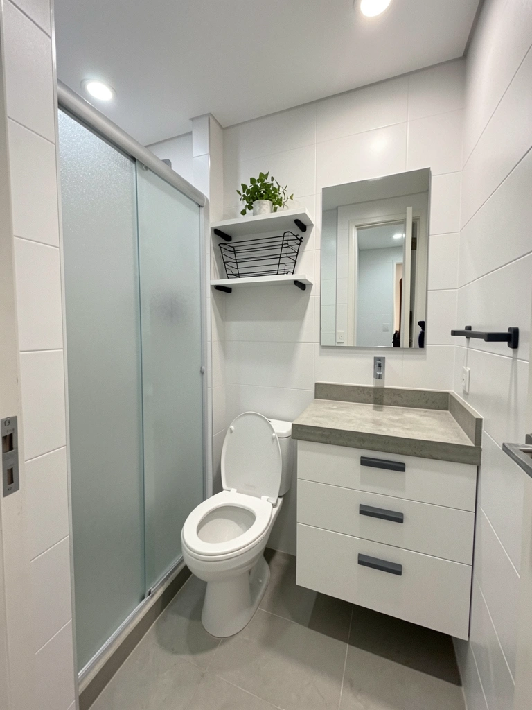 Parede com revestimento branco retificado e piso cinza claro em ambiente interno.