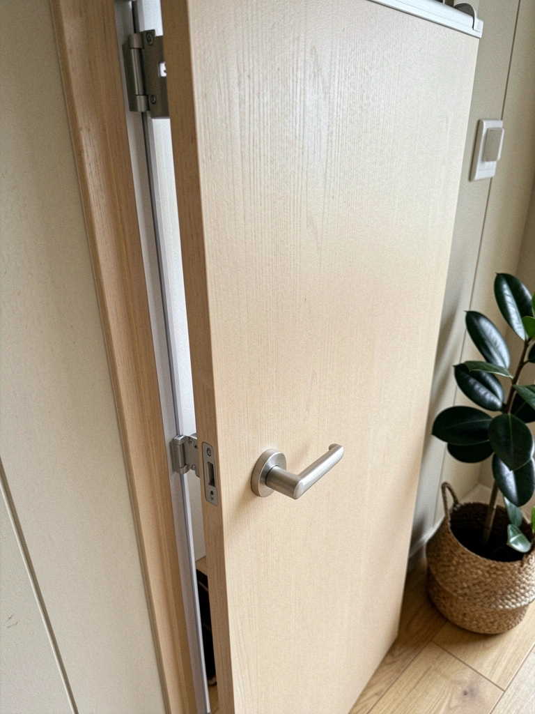 Detalhe de porta de armário com sistema soft-close e puxador linear embutido, iluminação suave destacando a superfície lisa.