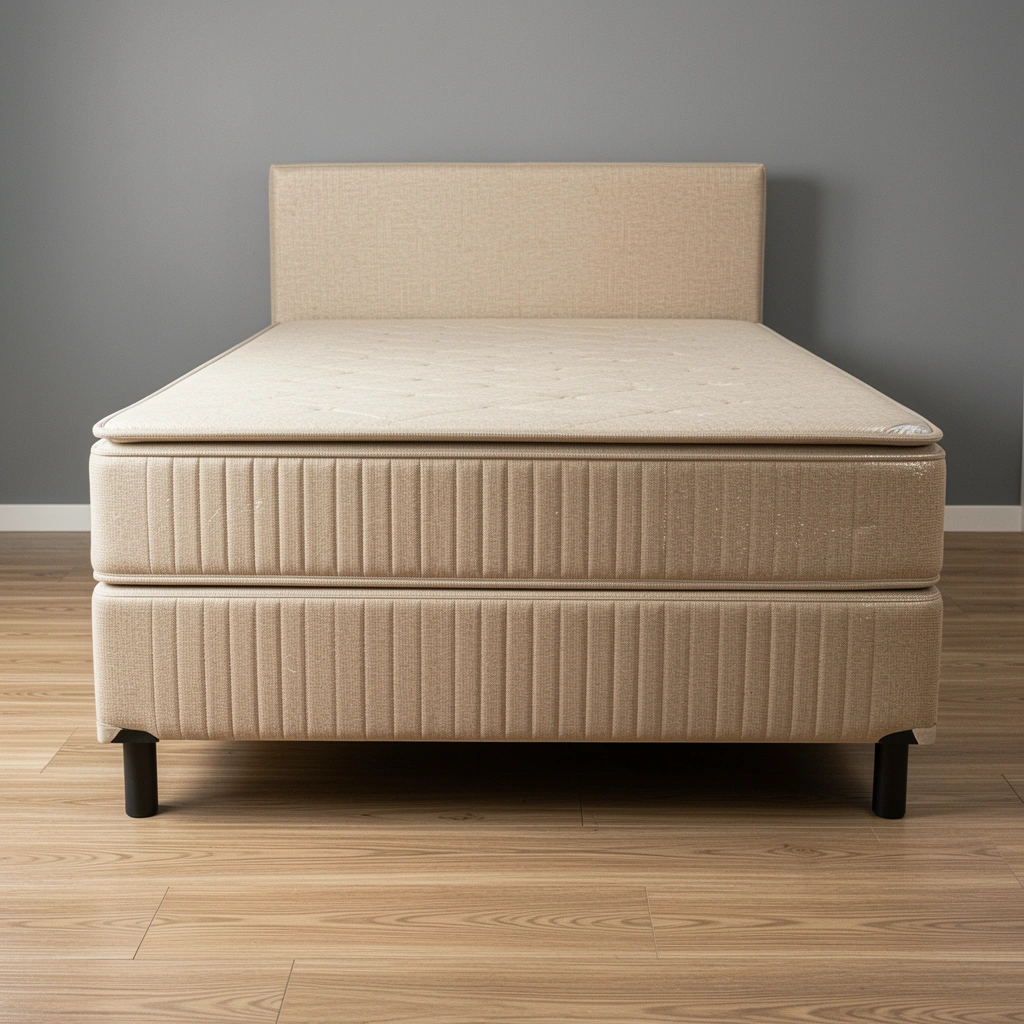 Base de cama box casal com estofamento cinza e pés baixos, vista frontal em ambiente claro.