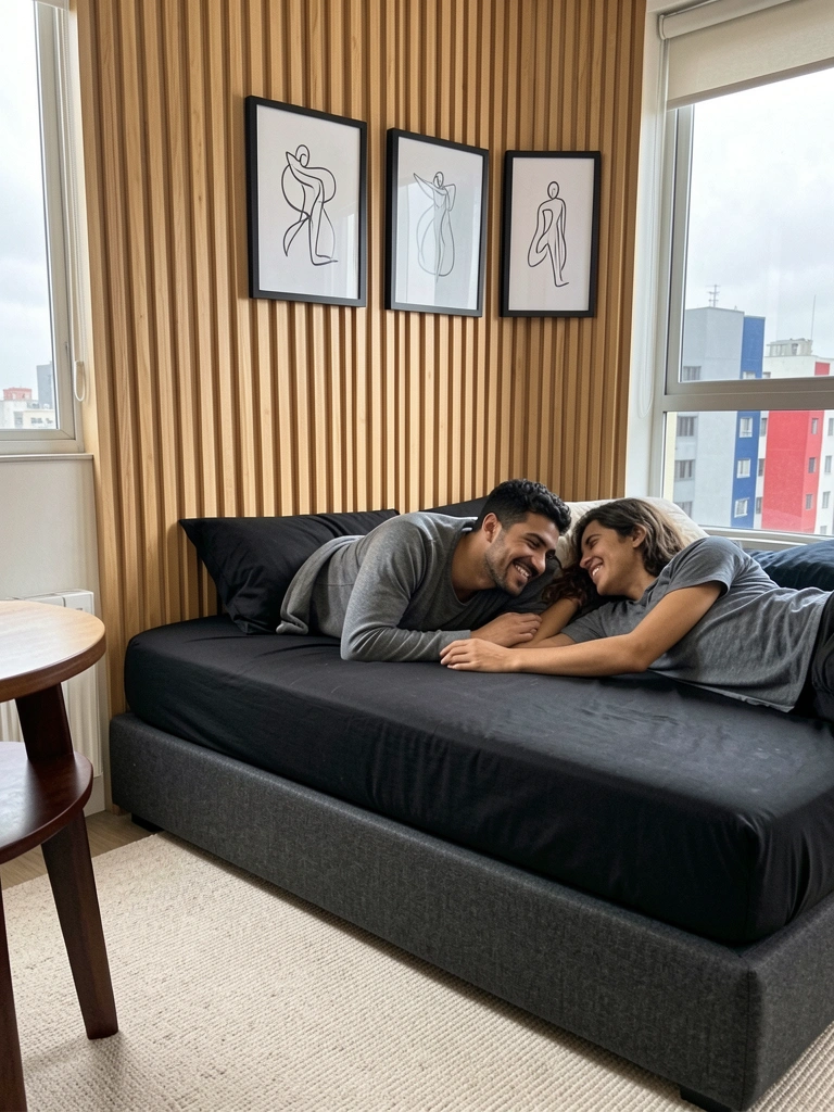 Casal jovem deitado em cama box, sorrindo e se abraçando.