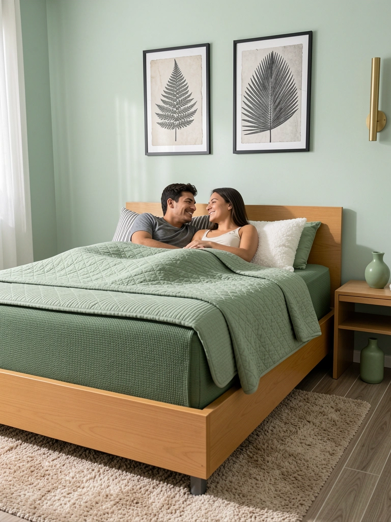 Casal dormindo abraçado em cama box com lençóis claros e iluminação suave.
