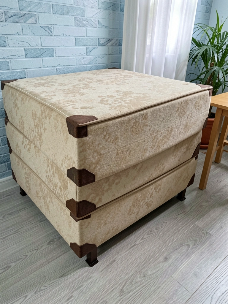 Bases de cama box empilhadas em um depósito, com tecidos cinza e estruturas metálicas aparentes.