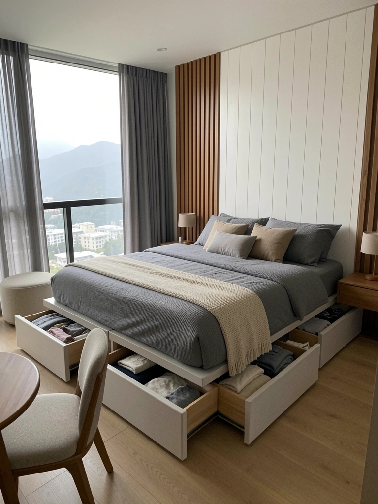 Base de cama box com duas gavetas abertas, colchão sobre a base, quarto com piso de madeira e parede clara.